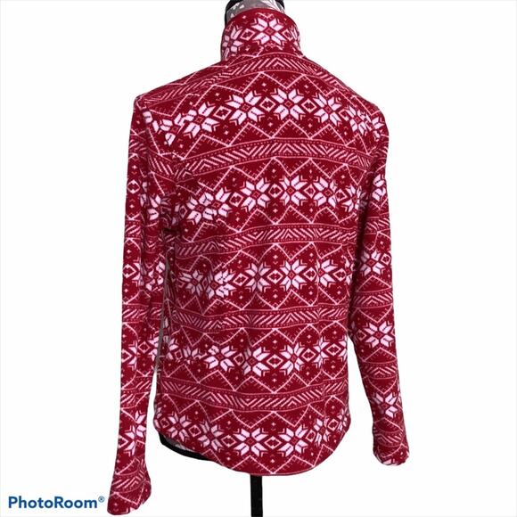 Lands’ End Fair Isle Snowflake Quarter Zip Fleece Pullover Lightweight Red White - Picture 5 of 14
